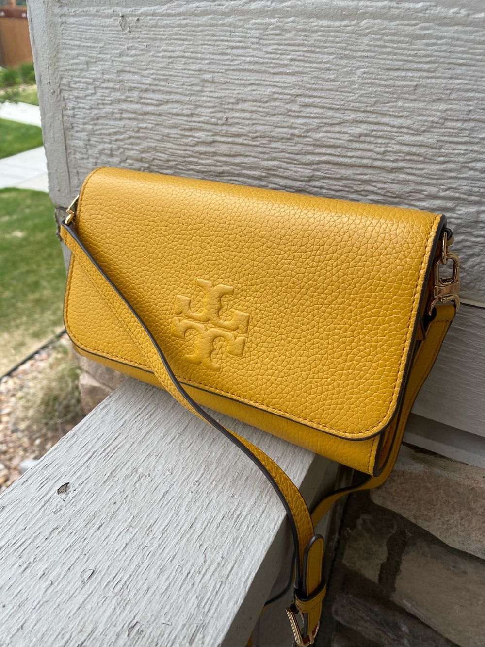 Tory Burch Pebbled Leather Crossbody in Mustard